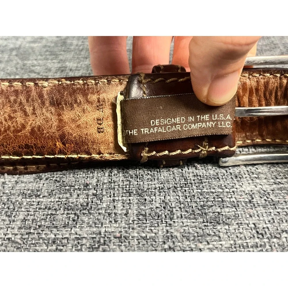 Trafalgar Mens Brown Leather Belt Contrast Stitch Silver Buckle Size 38
